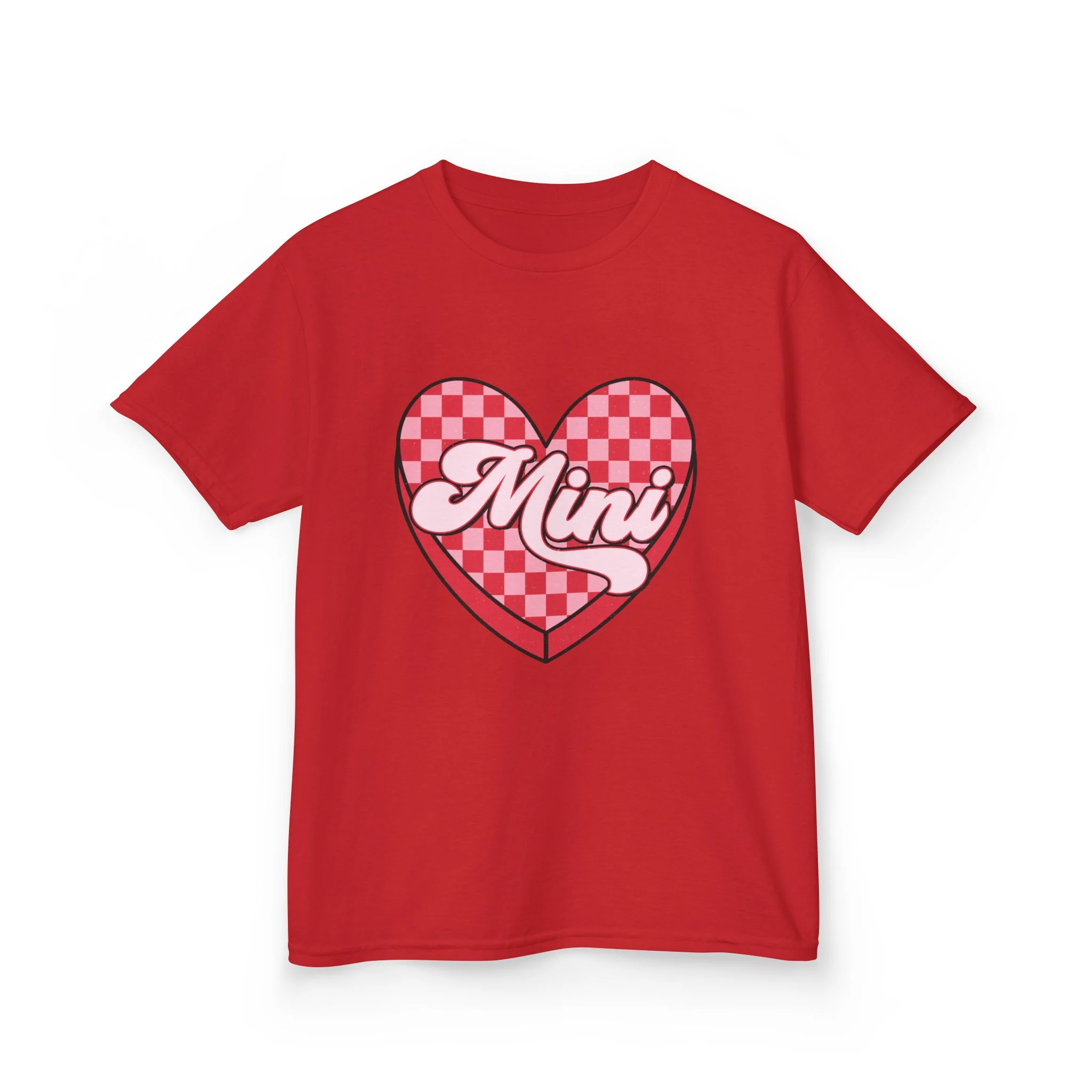 Mini Heart Checkerboard Kids Tee | Pink Retro Script