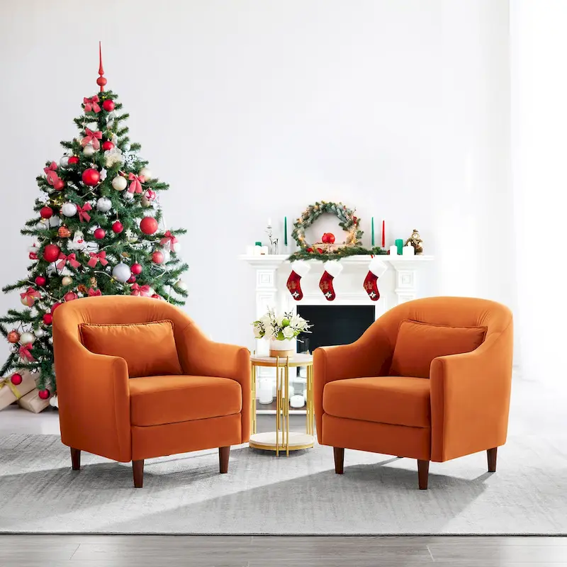 28.34W Set Of 2 Accent Armchair, Velvet Barrel Chair with Solid Wood Legs