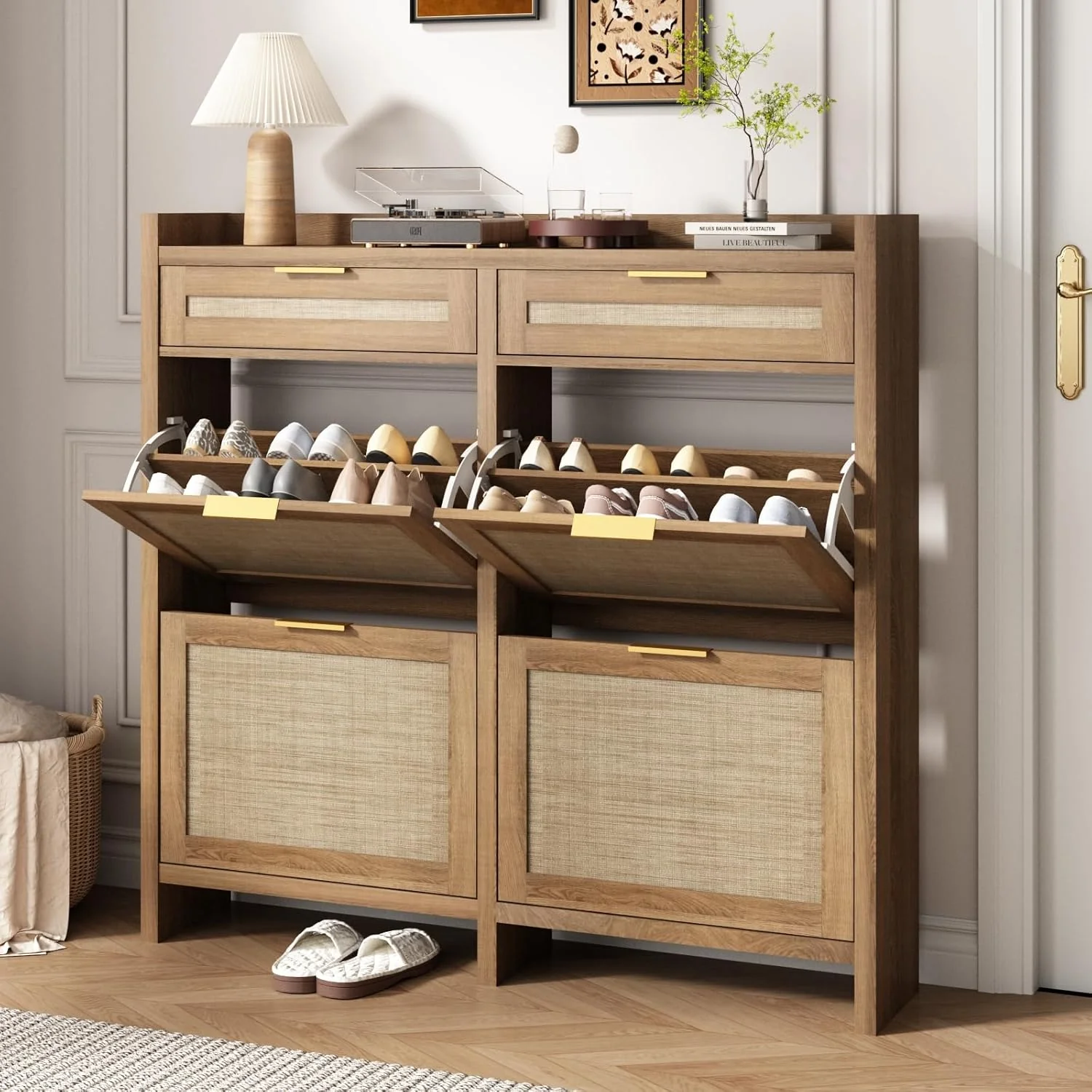 Large Rattan Shoe Storage Cabinet with 4 Flip Drawers & 2 Storages–Hidden Slim Shoe Organizer