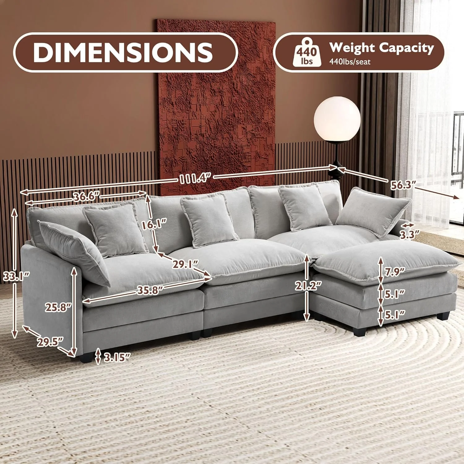 111.4 Inch L-Shaped Modern Sofa Modular Cloud Sofa Ottoman 4-Seater Chenille Deep Seat Sofa