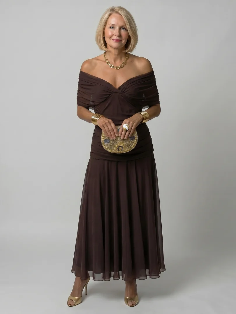 Women��s Off Shoulder Midi Dress Draped Neckline Design