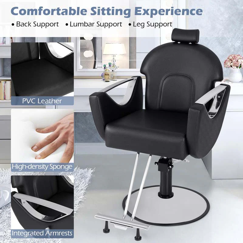 Reclining Barber Chair, 360° Swivel Salon Chair with Heavy Duty Hydraulic Pump, Adjustable Height & Headrest for Hair Styling, Makeup, Tattoo