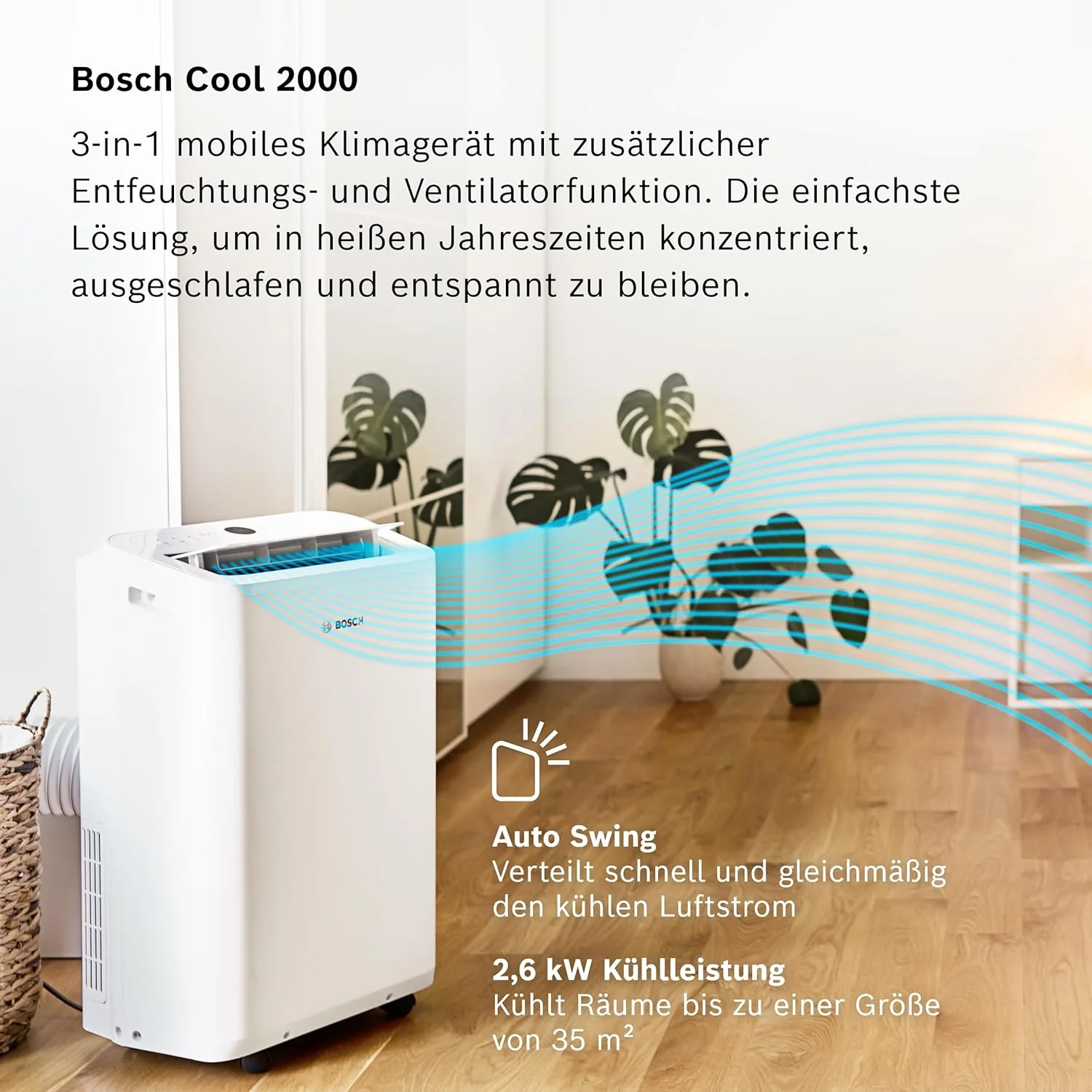 Bosch Cool 4000 mobil klímaberendezés – 3 az 1-ben: klíma, páramentesítő, ventilátor – 2,6 kW-os teljesítmény 35 m²-es helyiségekig – Auto-mód, Silent-mód és Sleep-mód funkciókkal