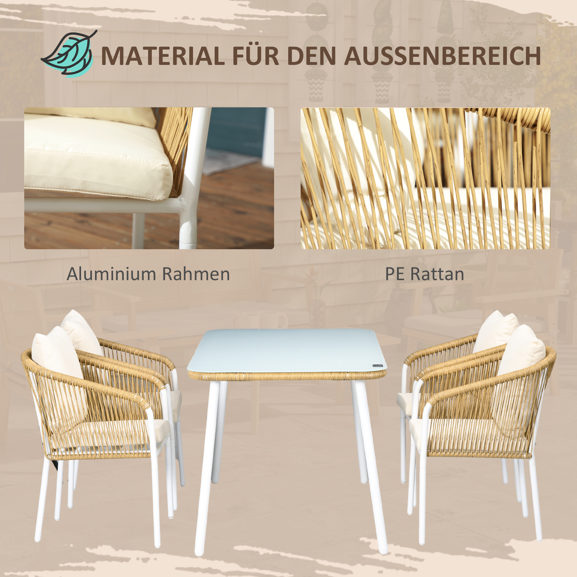 Outsunny Tuinset, 5-delig, Rattanlook, Zit- & Rugkussens, roestvrij Alu-frame, Geel/Wit/Beige