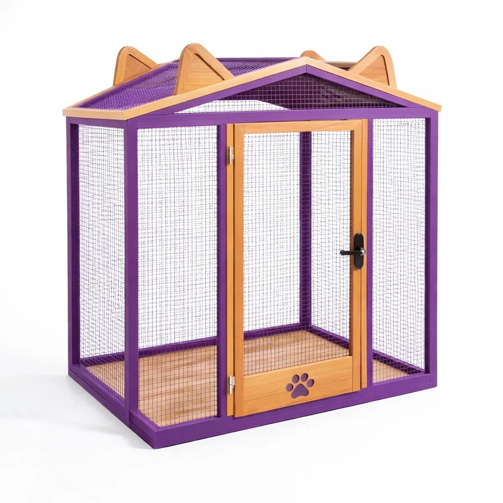 Gabbia per gatti in legno di pino e metallo viola e arancione 100x100x150 cm