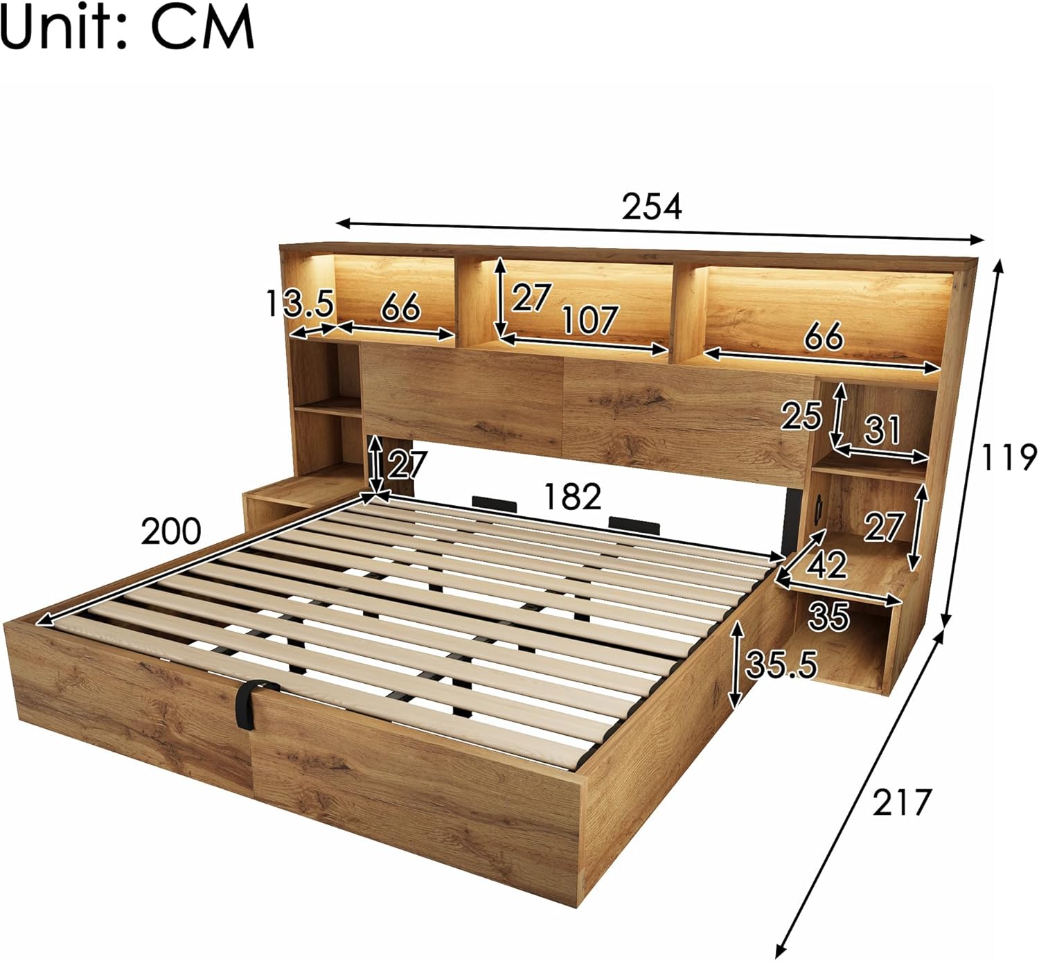 ANIROY Doppelbett Holzbett 180x200cm, Hydraulisches Stauraumbett mit Kopfteil, Stauraum-Kopfteil mit LED & USB-C-Anschluss, Systembett Bettgestell mit Lattenrost, ohne Matratze, Eiche