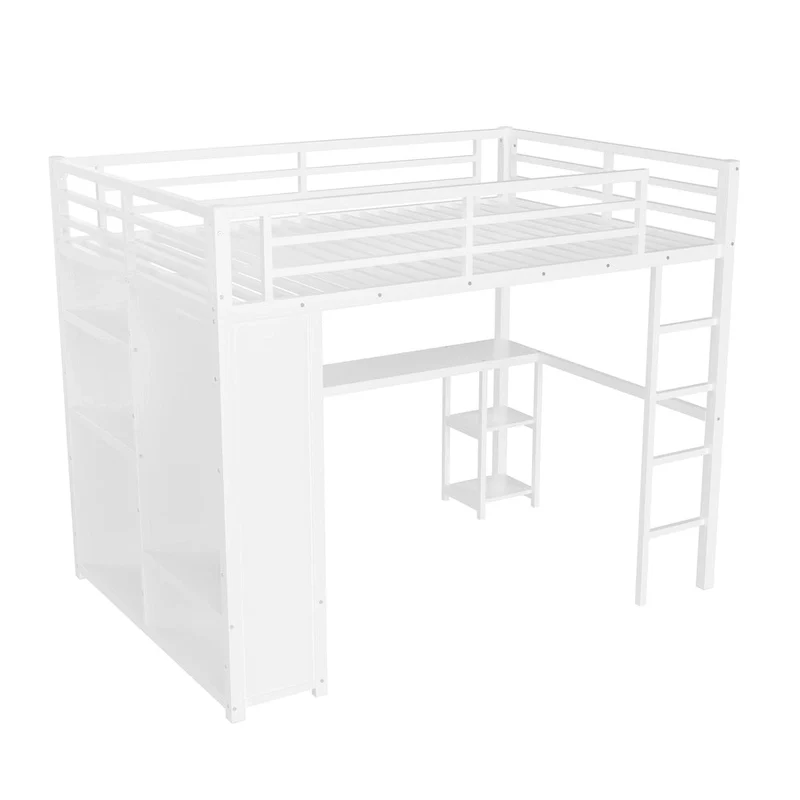 Queen Loft Bed - Built-in Wardrobe & Desk, Metal Frame with Shelves