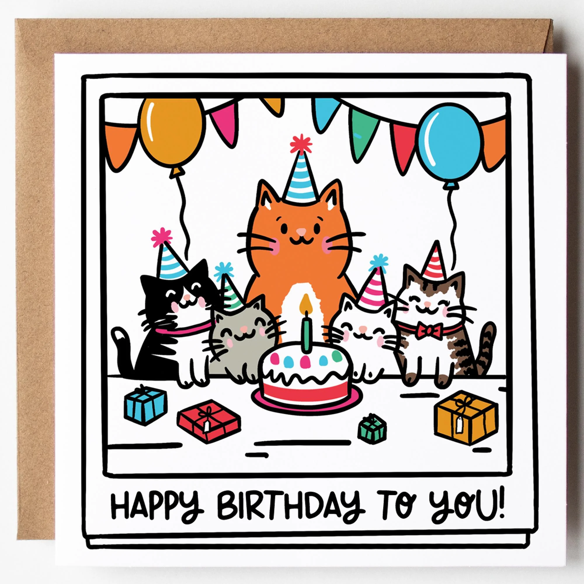 Party Animals Cat Birthday Card: For Cat Lover, with Kraft Envelope