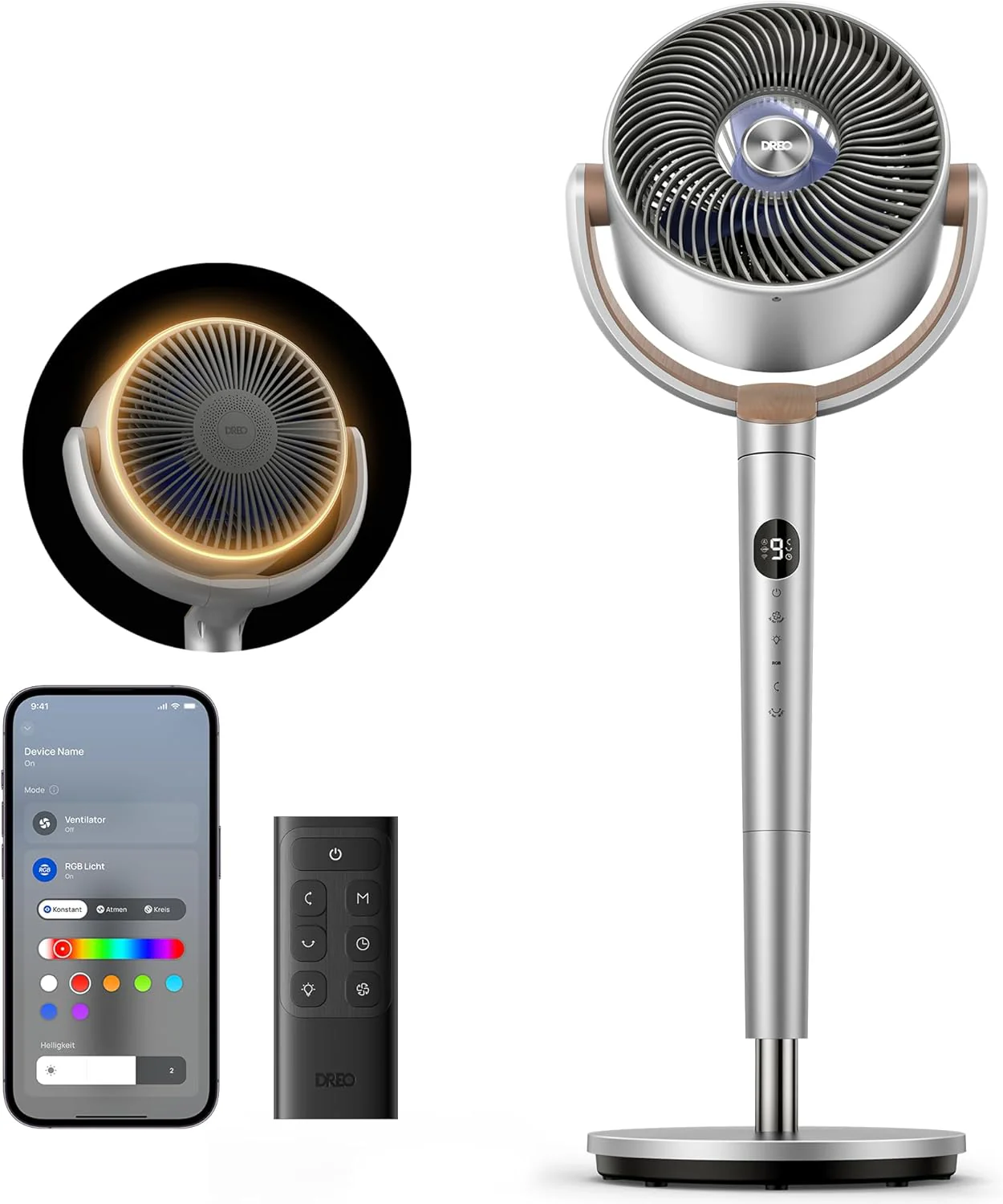 Dreo Slimme Staande Ventilator met RGB-licht, 120 +120 Oscillerende Ventilator met Afstandsbediening, 20dB Stille Vloerventilator voor Slaapkamer, 8H Timer, Zilver