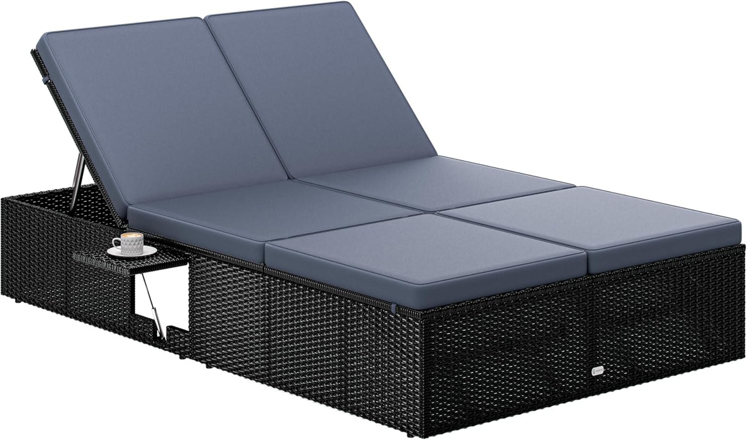 Casaria® Sonnenliege 2 Personen mit Klapptisch Gartenliege 7cm Auflagen Wetterfest 400kg Belastbar Liegestuhl Verstellbar Schwarz Anthrazit 200x115cm