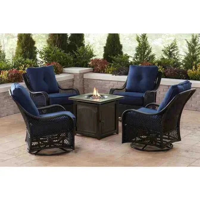 2025 5-piece steel patio fire pit seating set with navy blue cushions, swivel gliders and square fire pit table
