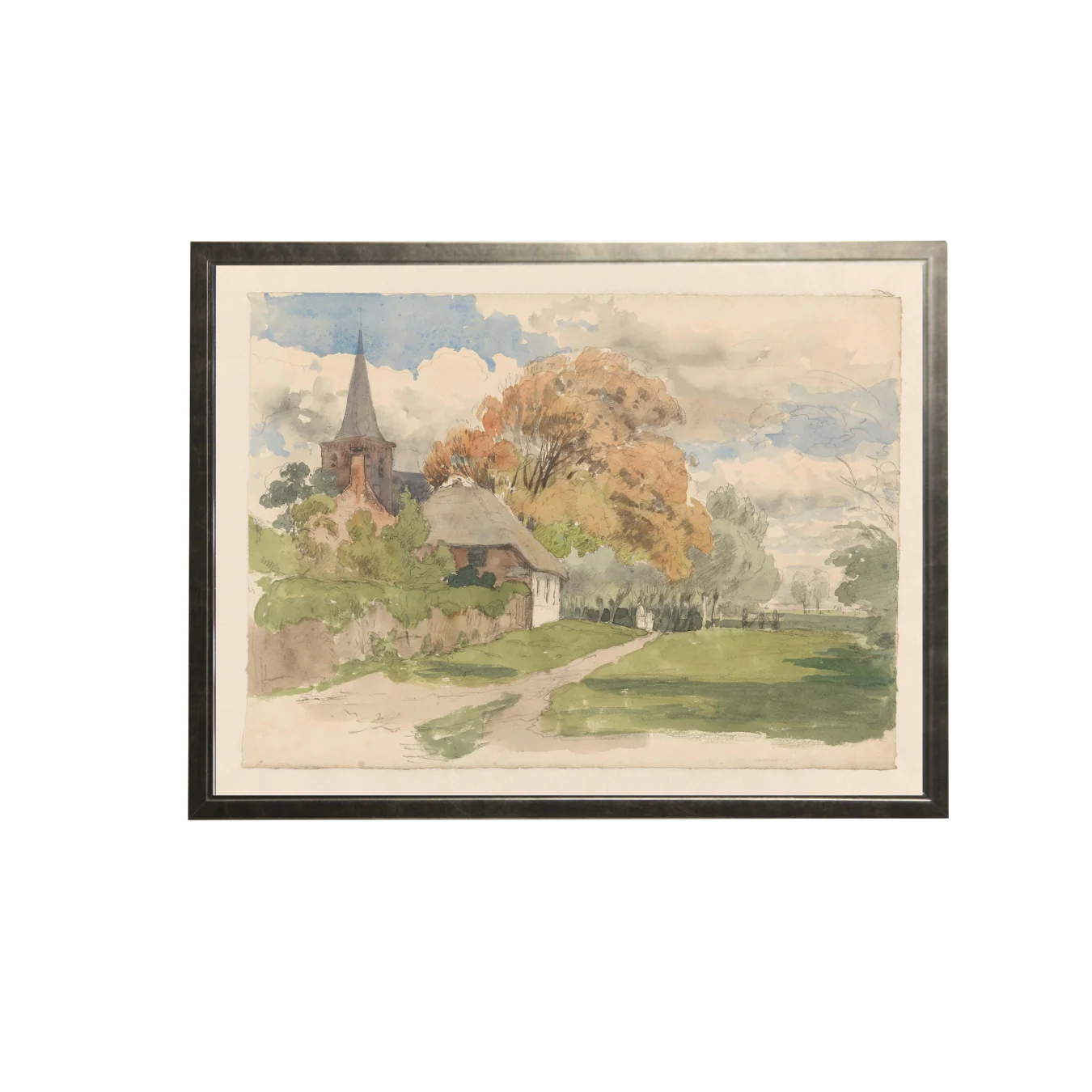 Vintage Watercolor Church Landscape Framed Art