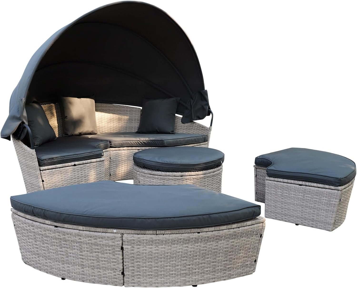 Poly Rattan Sonneninsel XL mit faltbarem Sonnendach Ø 180/210 cm inkl. Auflagen Kissen, Lounge Sonnenliege Gartenmuschel (Hellgrau, Dia 210)