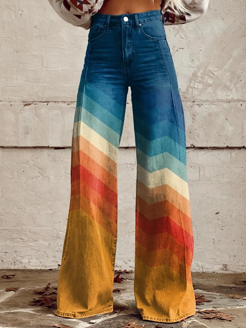 Women��s High-Rise Wide Leg Trousers Chevron Gradient Print