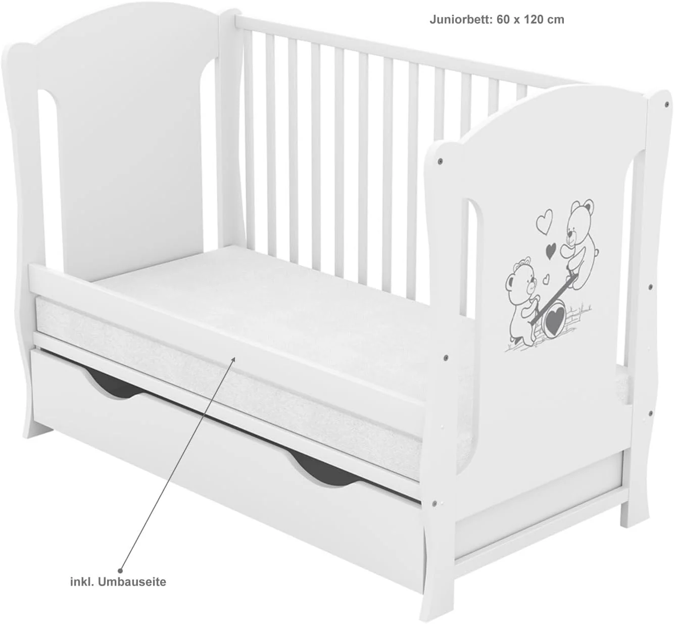 Lettino Baby Delux 60x120 bianco trasformabile in lettino per bambini con cassetto materasso e dondolo con motivo orsetto