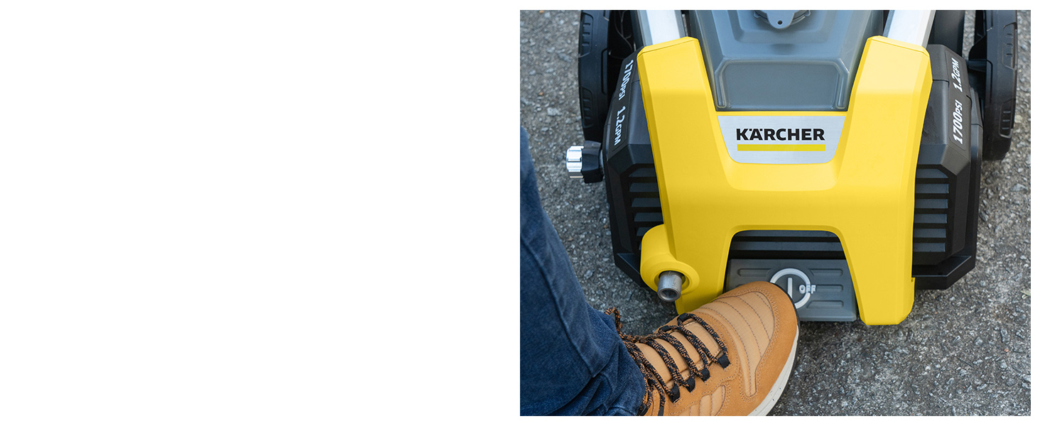 A close-up of a person stepping on the on/off foot switch