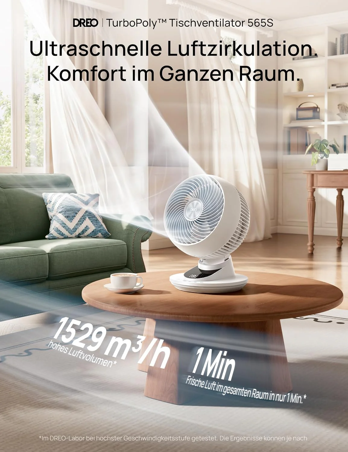 DREO 3D Asztali ventilátor, különösen halk, 22 dB, Kis ventilátor távirányítóval, 8,8 m/s erőteljes légáramlás, 90°-os oszcilláció, alkalmazás- és hangvezérlés, 9 fokozat, 8/12 órás időzítő hálószobába és irodába