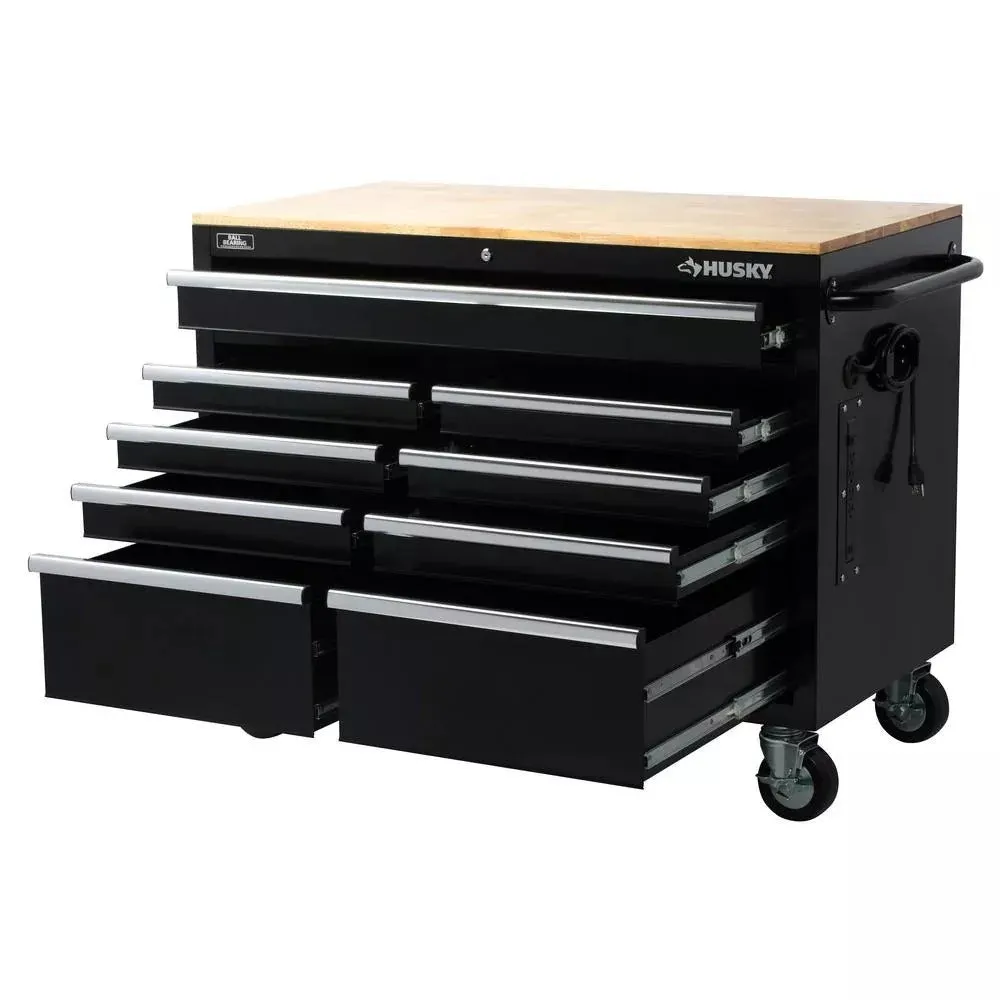 2025 Mobiele diepe gereedschapskist met 9 lades, 46 inch breed x 24 inch diep, glanzend zwarte afwerking