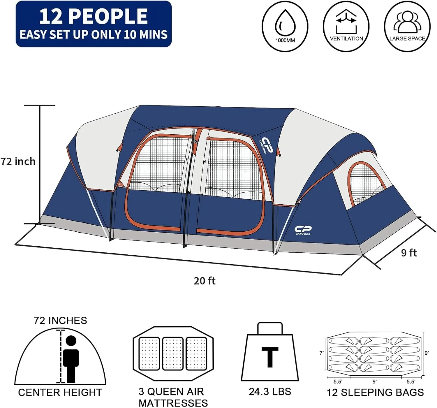 CAMPROS CP Tent 12-Person-Camping-Tents,3 Room Family Tents,Waterproof Windproof Family Tent with Top Rainfly,6 Large Mesh Windows,Double Layer,Easy Set Up, Portable with Carry Bag-20' x 9' x 72