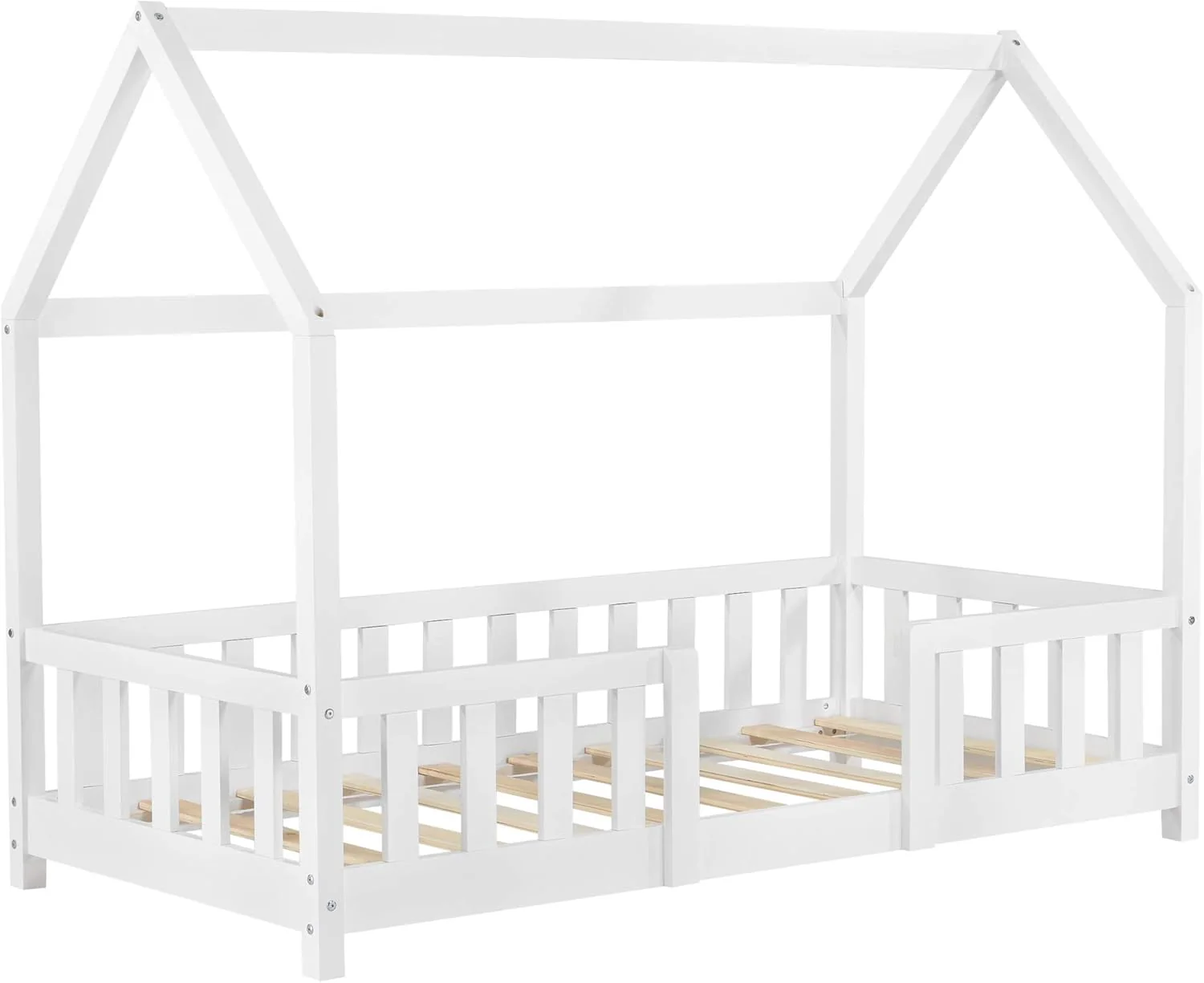 [en.casa] Letto per bambini Sisimiut a capanna 80 x 160 cm con protezione anticaduta letto in legno per bambini letto a terra rete a doghe in legno di pino Bianco opaco