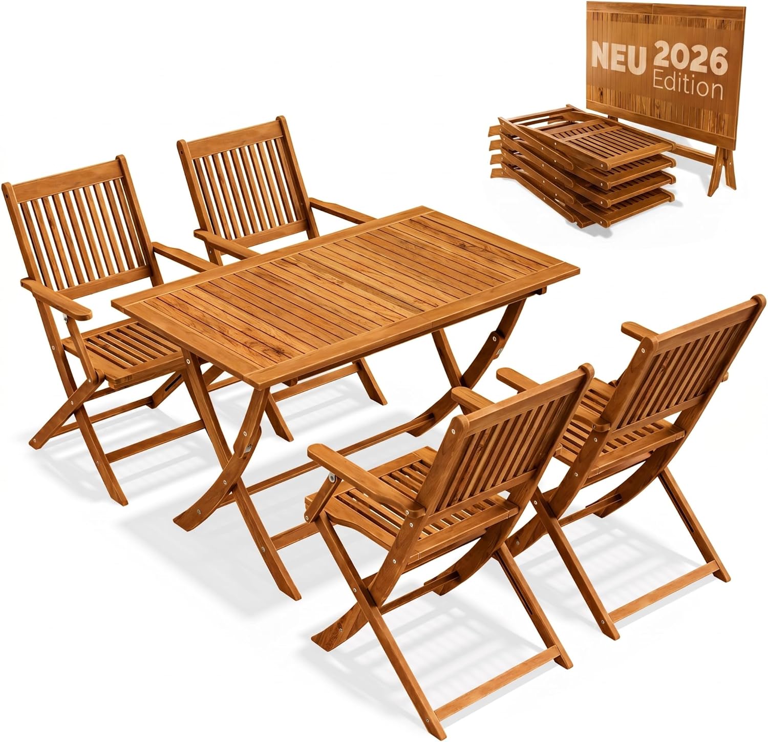Casaria® Gartenmöbel Set Modell 2026 - NEU: Extra Stabiler Tisch mit umlaufender Verstärkungsleiste 5-teilig aus FSC® Akazienholz, 4 Stühle mit Armlehnen, klappbar für Garten & Balkon