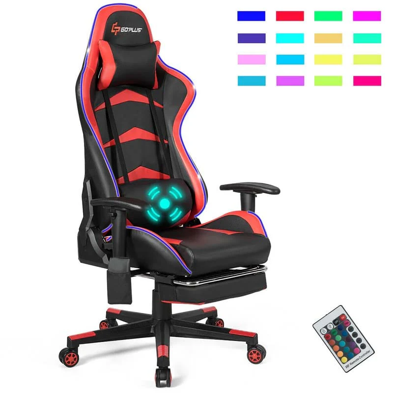 Led Massage Gaming Chair Height Adjustable Racing Computer Office Chair With Footrest Ergonomic High Back Pu Swivel Game Chair - Comfortable And Ergonomic Design