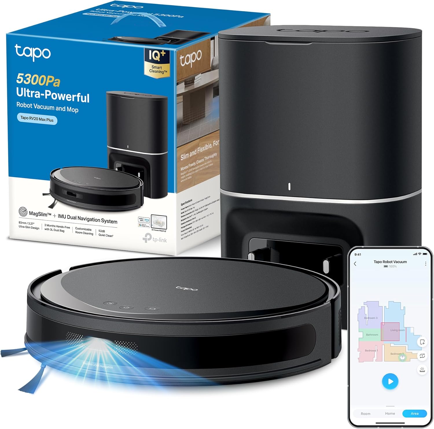 Tapo RV20 MAX Plus Robot Vacuum Cleaner with Mapping 5300Pa, Automatic Dust Emptying 3L, Navigation LiDAR MagSlim, Ultra Compact Design 83 mm, APP & Alexa &  Control