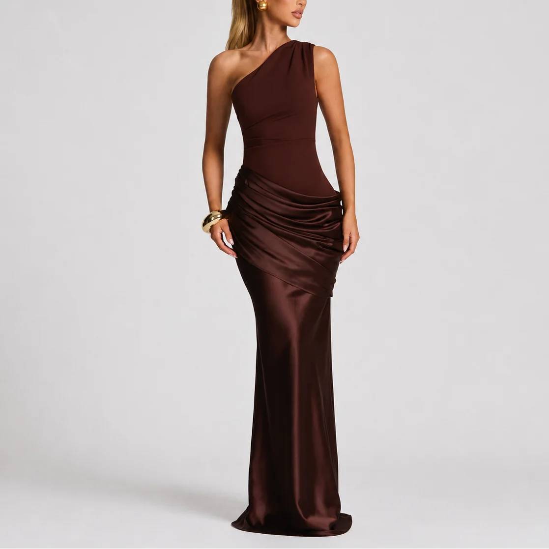 Women��s One Shoulder Maxi Dress Elegant Draped Silhouette