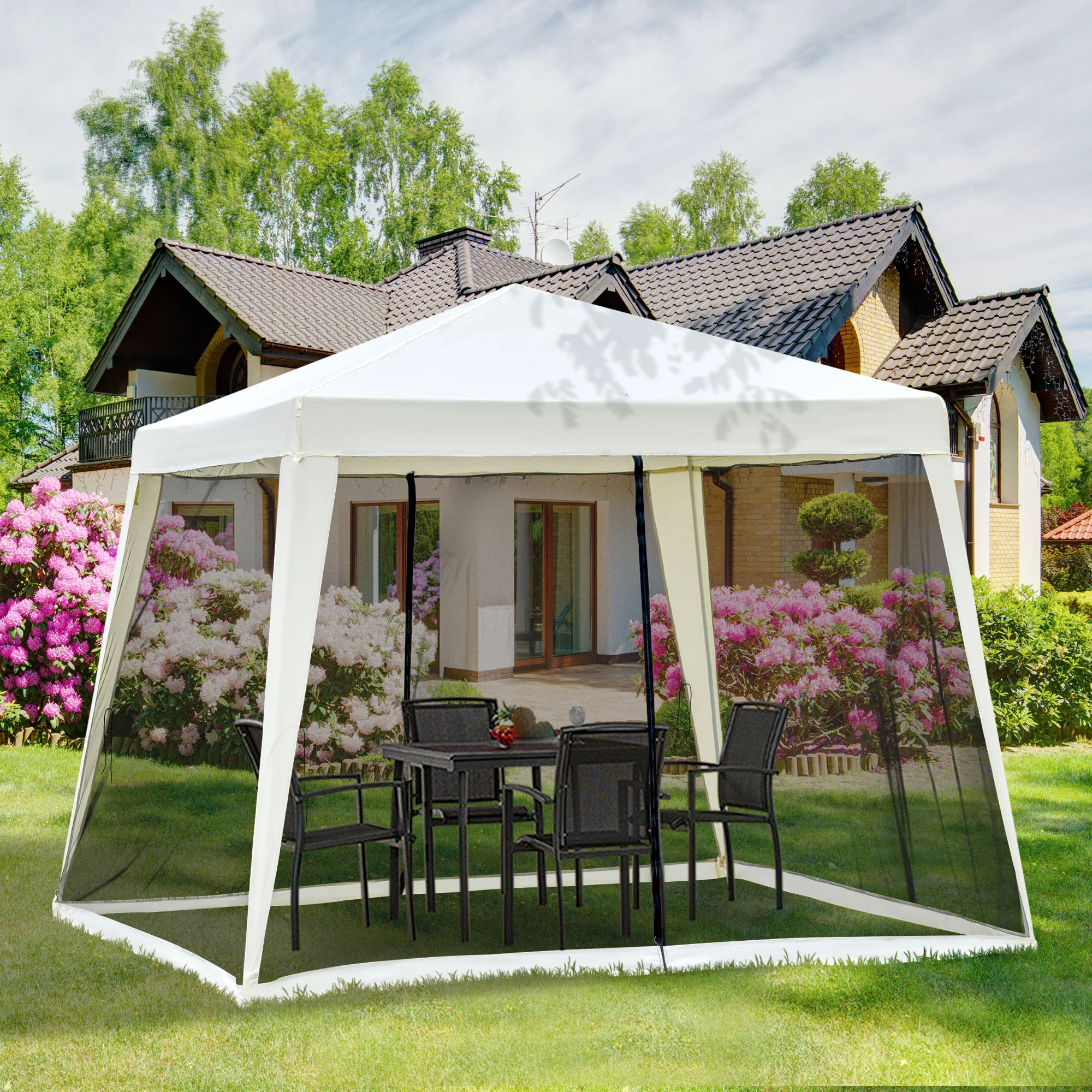 Outsunny Gartenpavillon mit Moskitonetz wasserabweisend cremeweiß