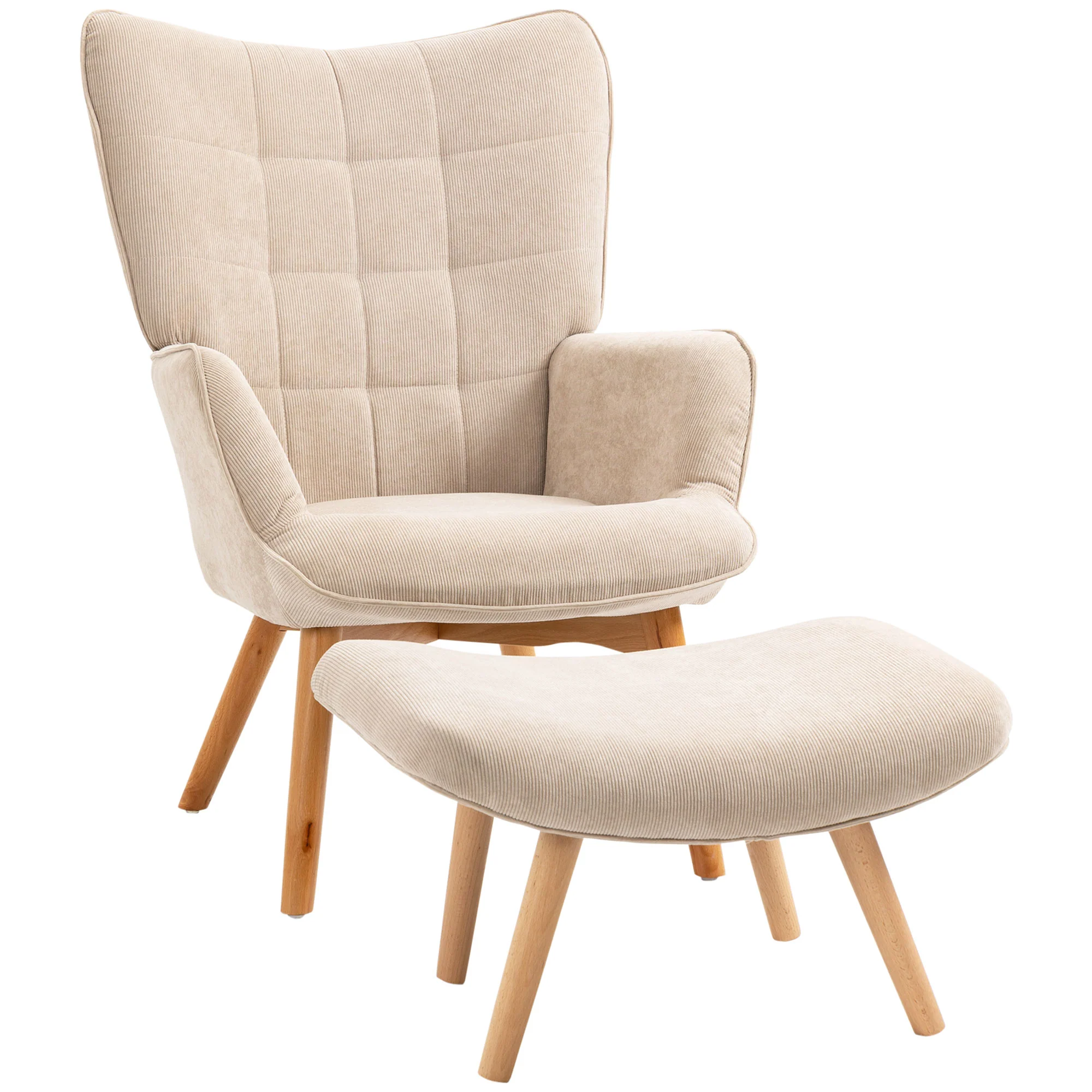 HOMCOM Fauteuil met Scandinavisch accent, voetenbank, fauteuilset, beukenhout, corduroy-look, beige