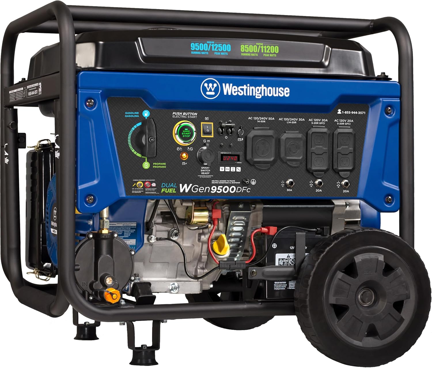 Generatore portatile di riserva domestico a tre combustibili da 12500 watt di picco, avviamento elettrico remoto, pronto per l'interruttore di trasferimento, alimentato a gas, propano e gas naturale