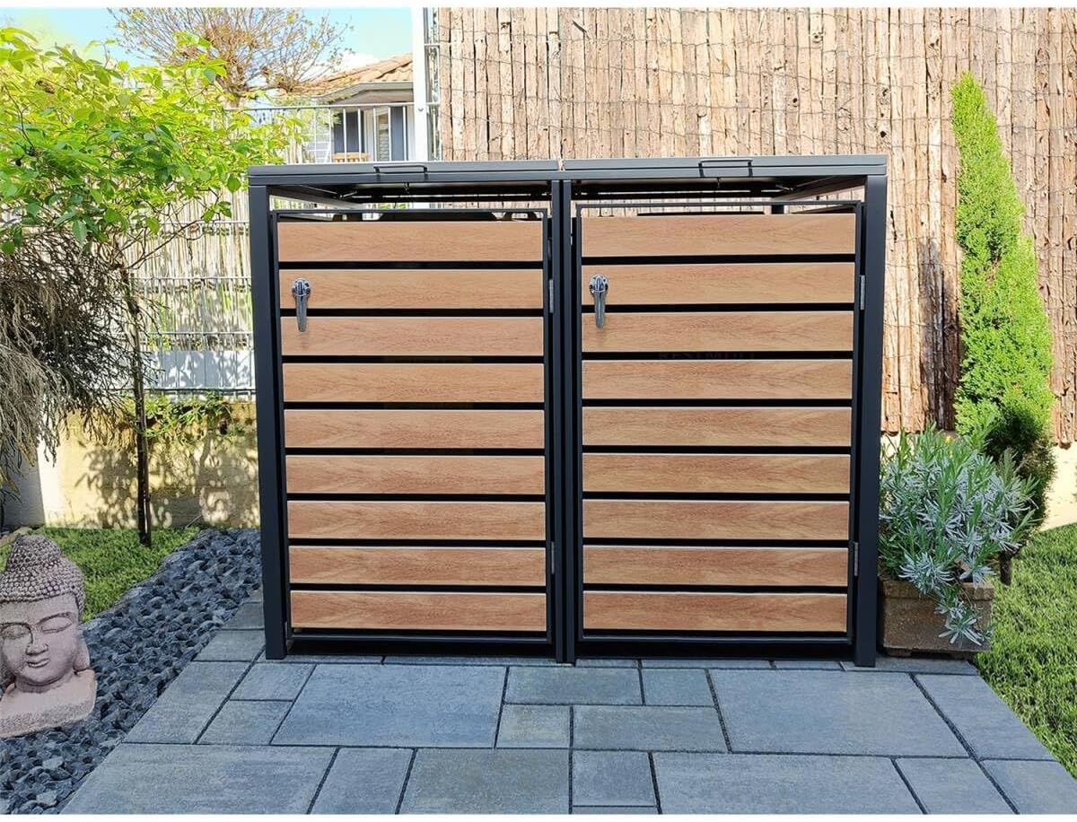 Metzler Mülltonnenbox in Anthrazit & Holzoptik 2er 240L, Mülltonnenverkleidung 2 Tonnen, witterungsbeständiger und pulverbeschichteter Stahl mit Automatikdeckel, abschließbar, Garten- und Müllbox