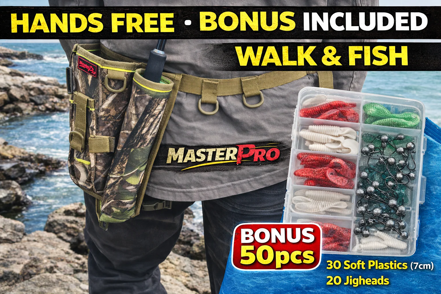 Fishing Rod Holder Waist Belt Bag + BONUS 50pcs Soft Plastics & Jigheads | Portable Fishing Kit | Built for Aussie Waters