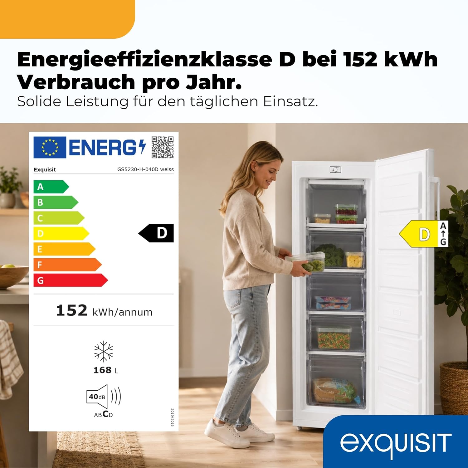 Exquisit Gefrierschrank | 168 l Nutzinhalt, 4 Sterne Gefrierfach, 40 dB, Energieklasse D | manuelle Temperaturregelung, 4 Gefrierschubladen, Gefriertablett | GS5230-H-040D weiss