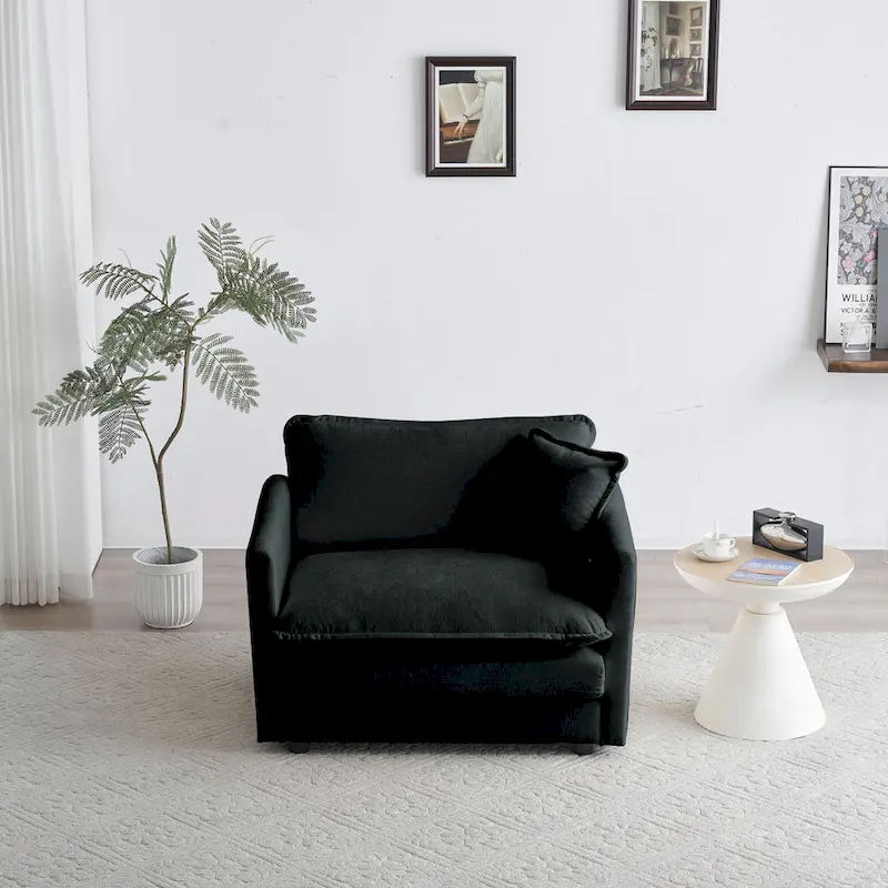 Black 2-Piece Chenille Sofa Set with Loveseat Sofa and Single Sofa