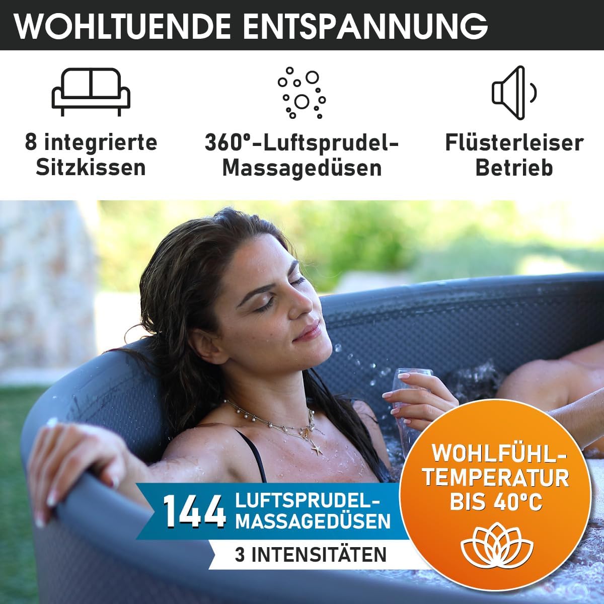 BRAST Whirlpool aufblasbar MSpa | 4-8 Personen | viele Modelle rund und eckig | Ø 125-224cm | In- Outdoor Pool | bis zu 144 Massagedüsen | inkl. Aufblasfunktion Abdeckung Timer Heizung | Mono 8