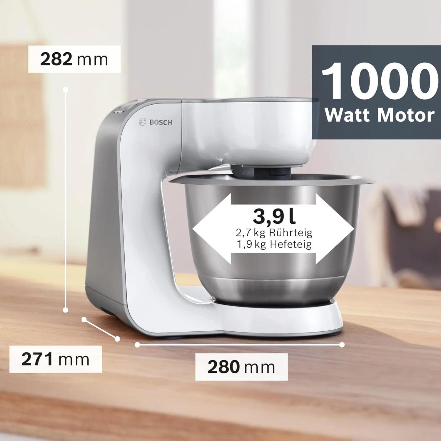 Bosch Küchenmaschine Serie 4 MUM58720,Edelstahl-Schüssel 3,9 L, Mixer 1,25 L, Planetenrührwerk,Knethaken,Schlag,Rührbesen, Durchlaufschnitzler, 3 Scheiben, 1000 W, Dunkelrot/Silber
