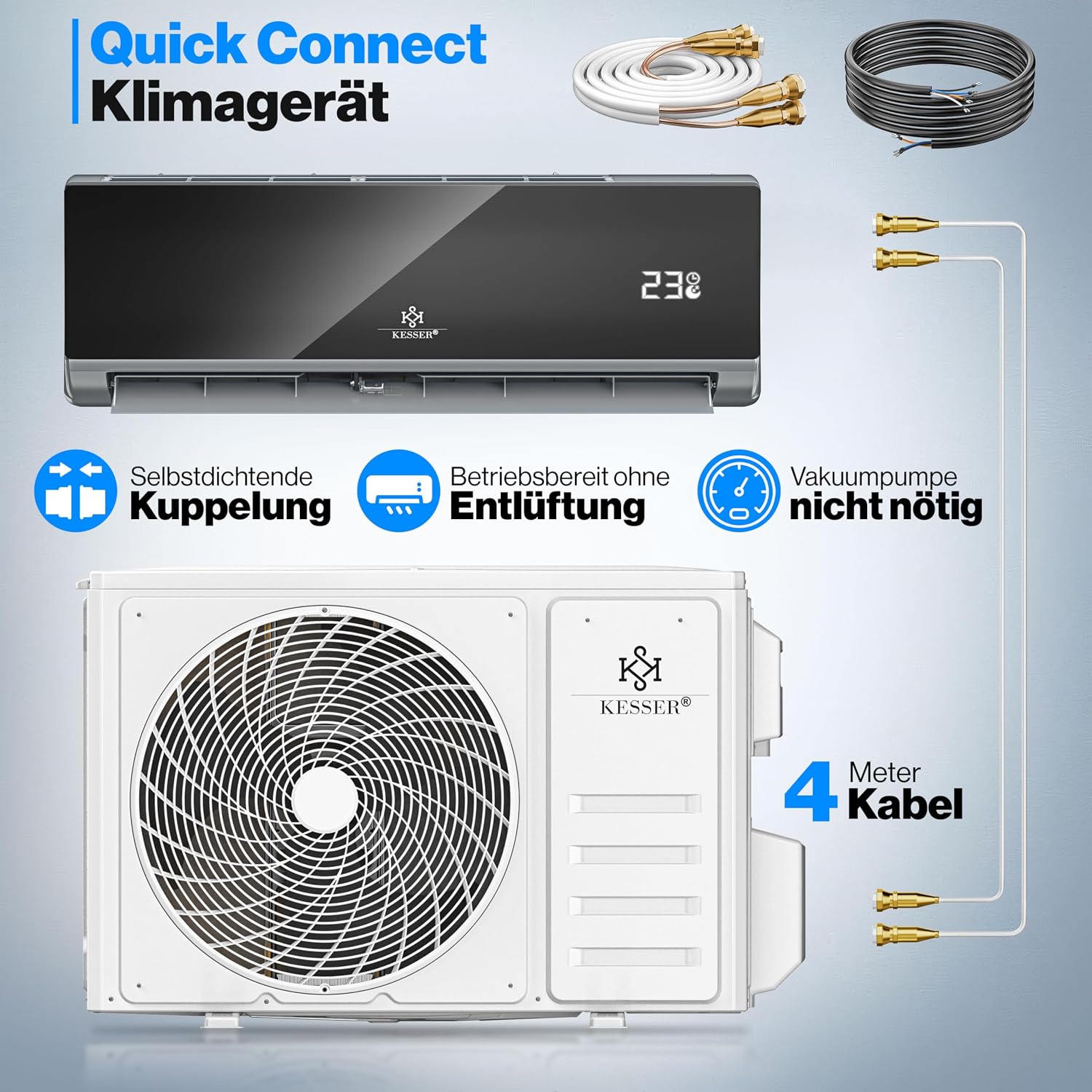 KESSER® Split Klimaanlage Set Quick Connect – WiFi & App Klimagerät mit Heizfunktion & Kühlmodus Wandklimaanlage, mit Kupferleitung 9000 BTU 2,6 kW Kältemittel R32 Inkl. Montagematerial