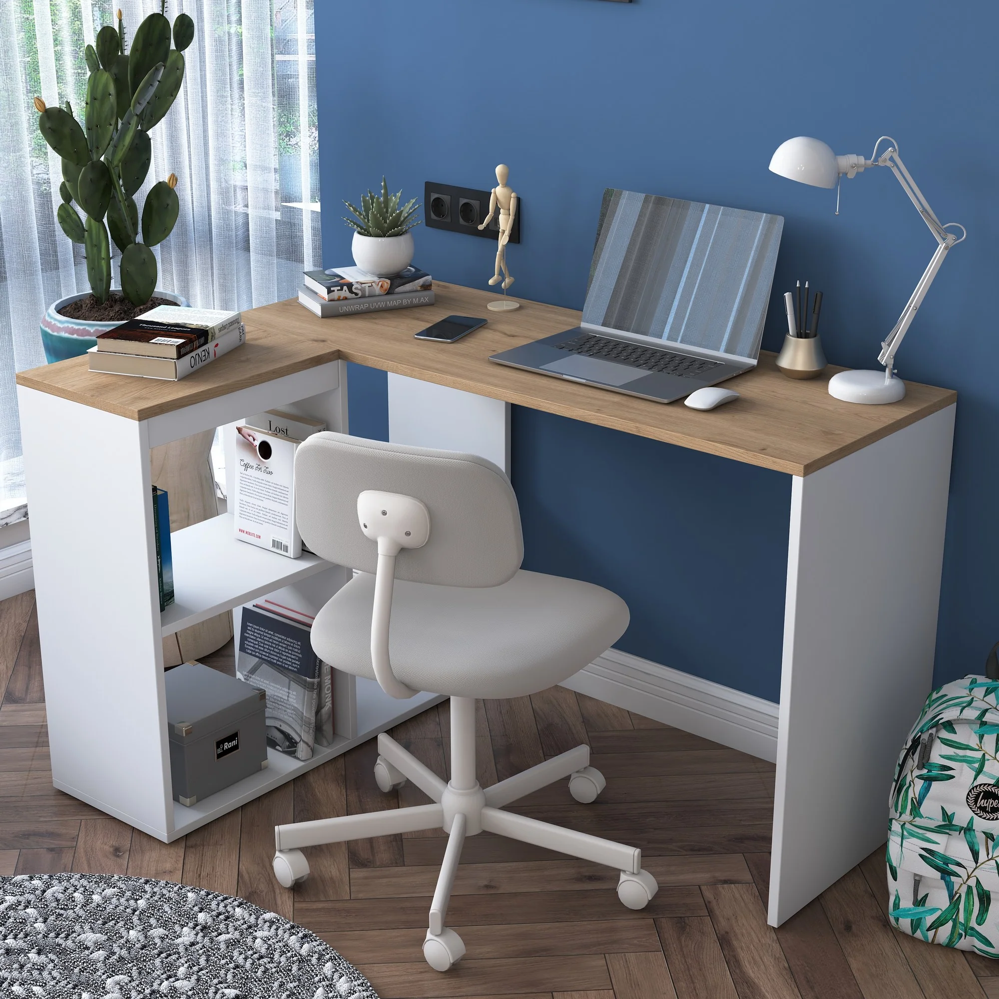 Scrivania angolare moderna con libreria bianco e rovere cm 120x96x74h