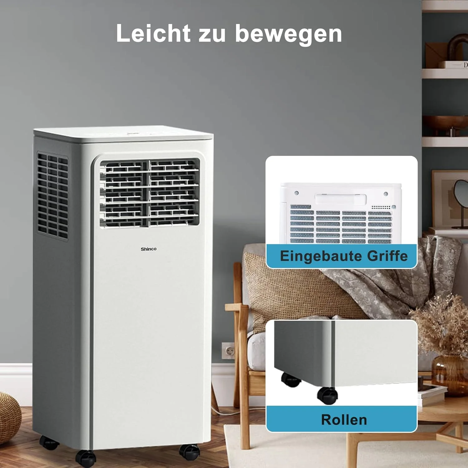 SHINCO Mobile Klimaanlage mit Abluftschlauch, 9000BTU, 2,6 kW, Kühlen&Ventilieren&Entfeuchten, Mobiles Klimagert mit Schlafmodus, Raumgre bis 22㎡, 24-Stunden-Timer