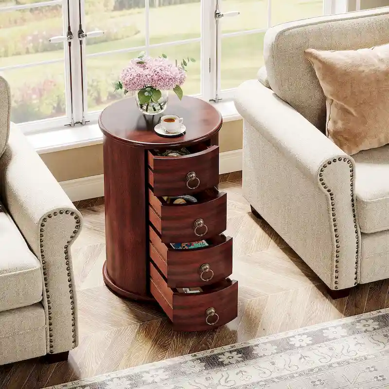 No Assembly Round Solid Wood End Table, Small Side Table with Drawers