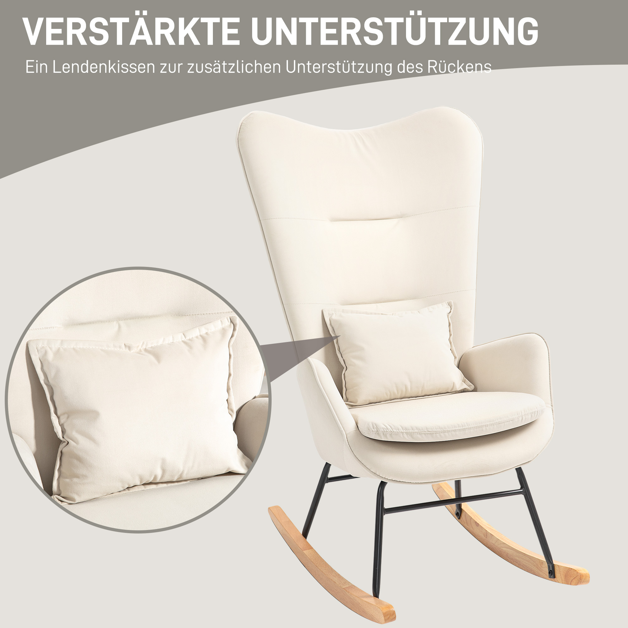 HOMCOM Schommelstoel in Samt-uitstraling met Lendenkussen, tot 120 kg, 67 x 85 x 112 cm, Crèmewit