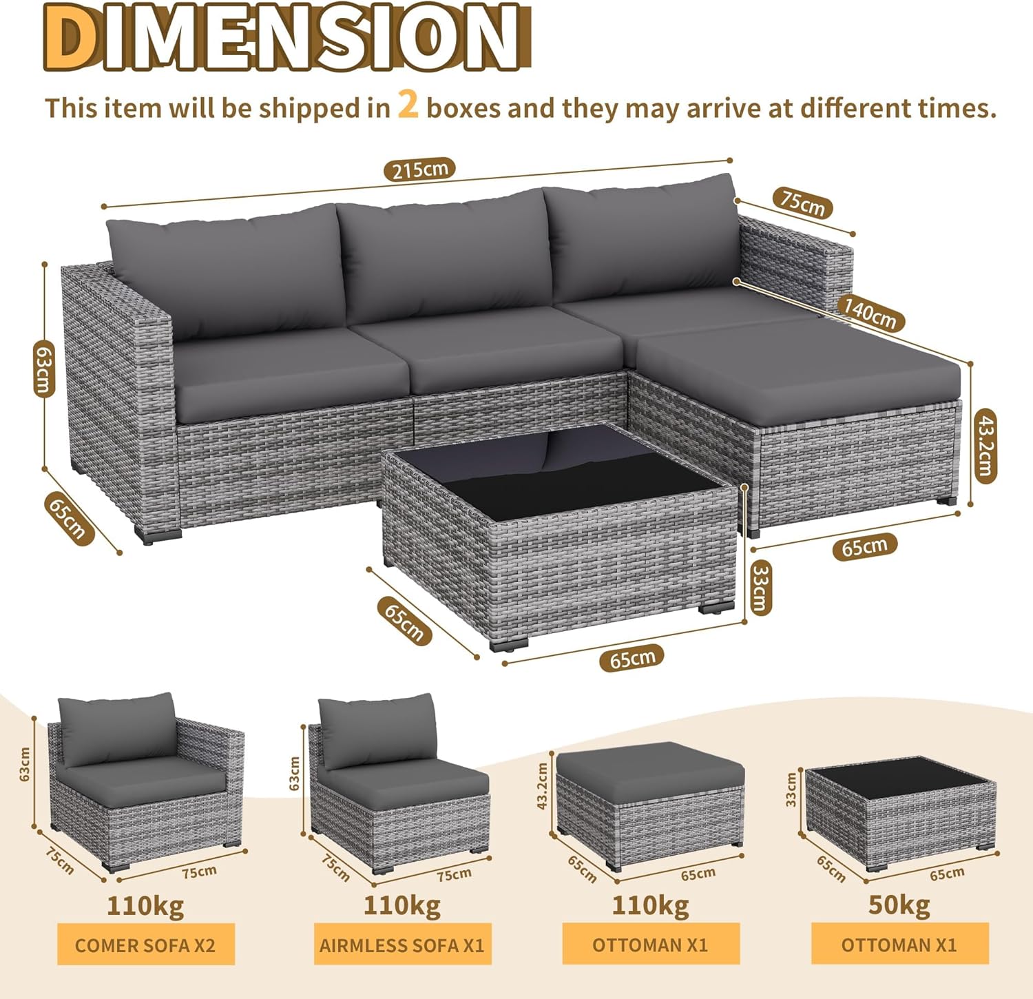 UDPATIO Lounge Gartenmöbel Set mit 3er Gartensofa, Hocker & Beistelltisch, Poly Rattan Balkonmöbel 4 Personen mit Kissen, Balkon Möbel Wetterfest, Gartenlounge für Garten, Terrasse, Outdoor, Grau