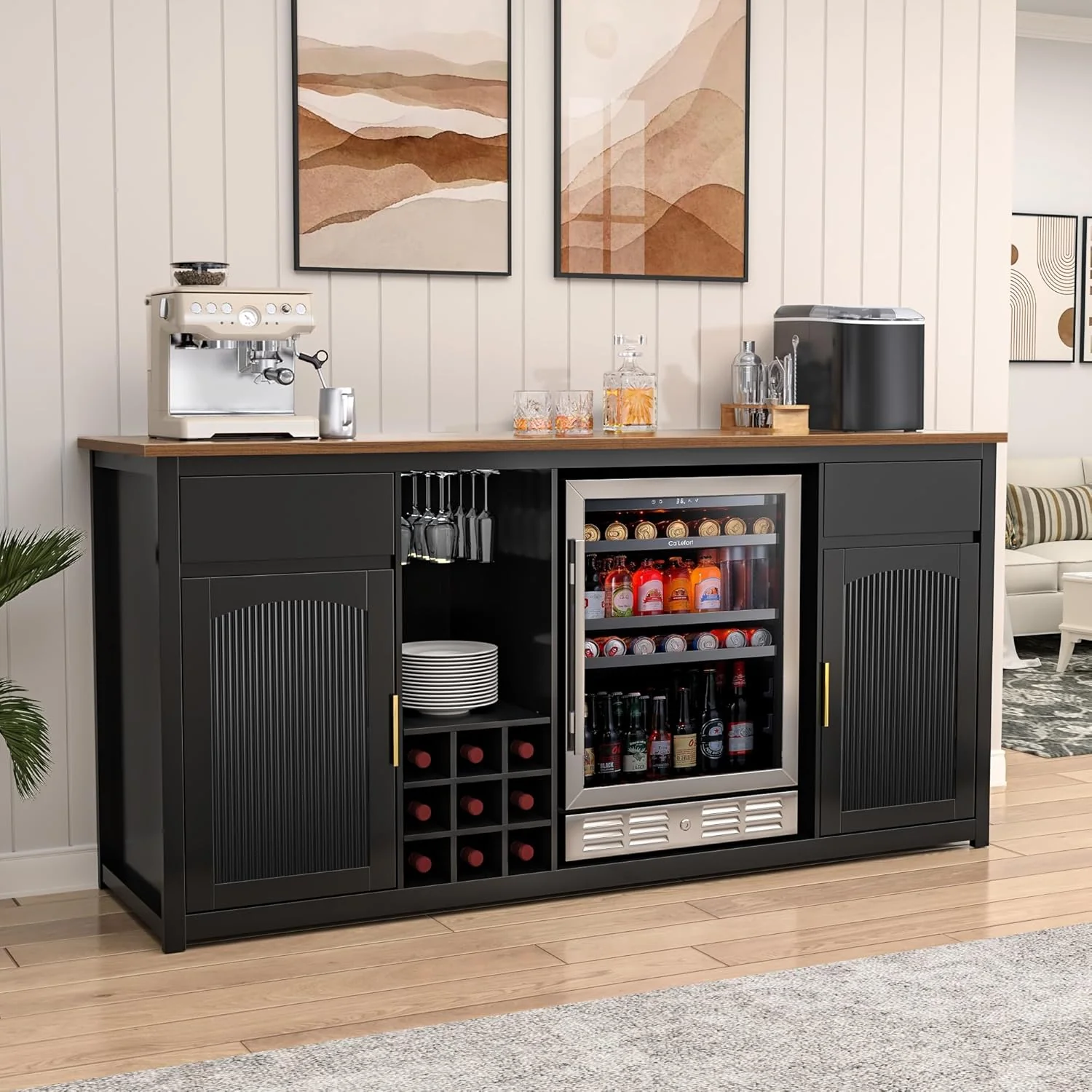 Large Coffee Bar Cabinet with Fridge Space, Mini Fridge Cabinet with Wine Storage