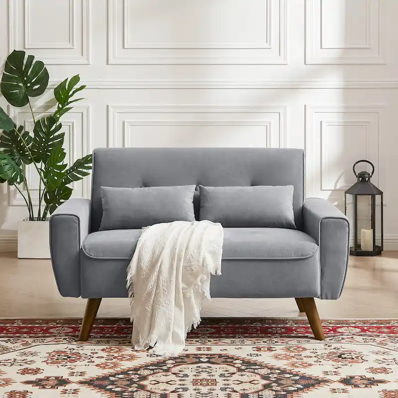 48.82 Small Tufted Loveseat Sofa with 2 Pillows and Tapered Wood Legs