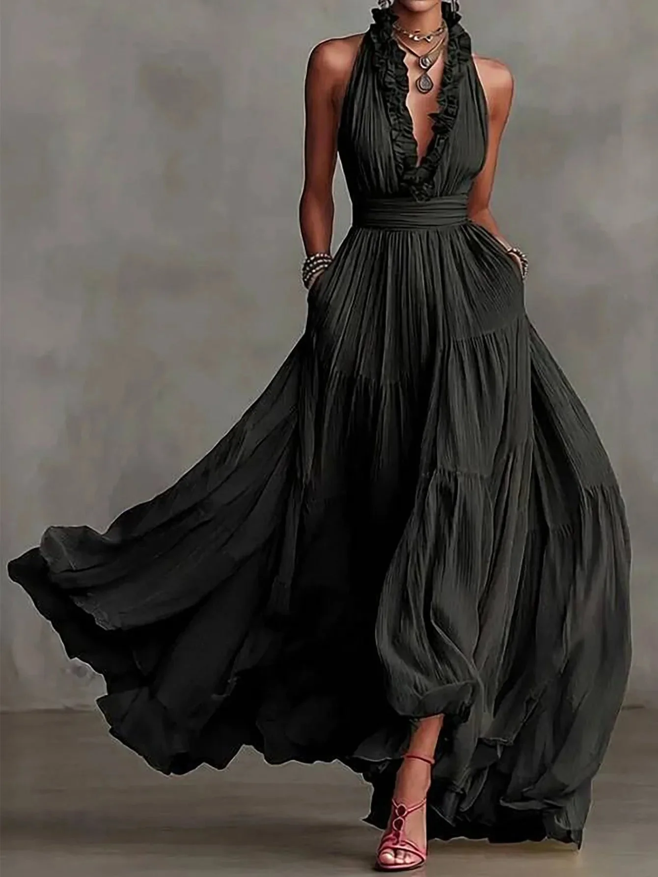 Womena??s Evening Maxi Dress Elegant Pleated Skirt with Ruffle Trim