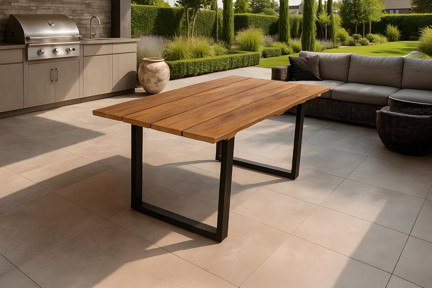SAM Gartentisch Bogota | 180 x 90 cm | Teakholz massiv | echte Baumkante | U-Gestell Metall Schwarz | Outdoor-Esstisch & Unikat für Garten & Terrasse