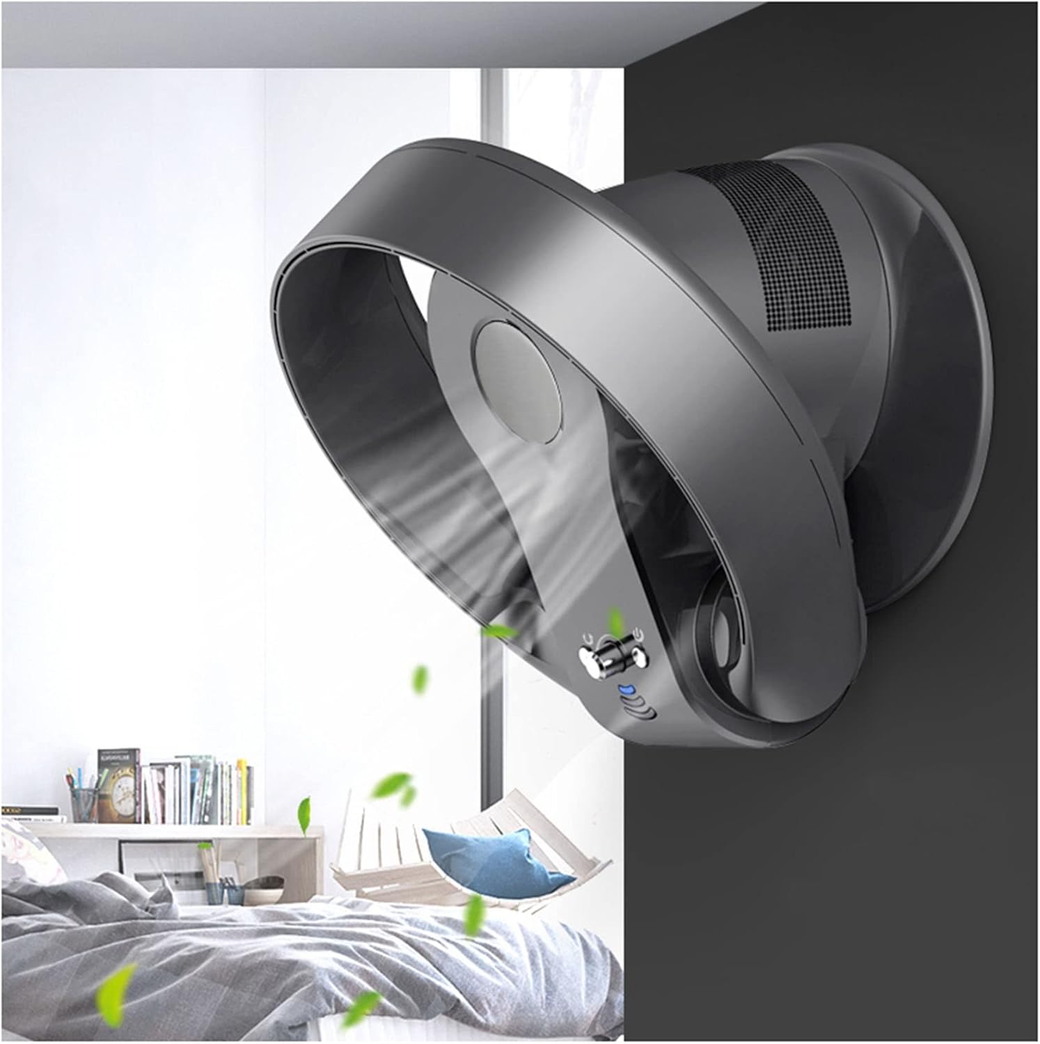 Ventilator ohne Flügel, Wandmontage, Schreibtischventilator mit Fernbedienung, Timer, 26 W, faltbarer Ventilator ohne Blätter, ultra-leise, 7 Geschwindigkeitsstufen (Farbe: Schwarz, Größe: 34