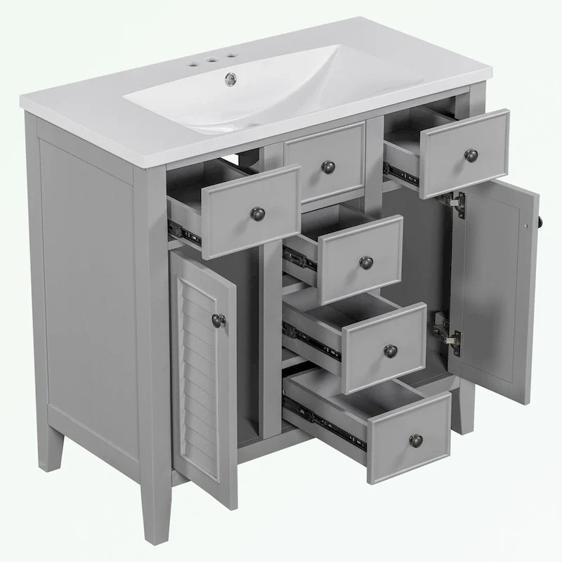 Bathroom Vanity with Ceramic Basin, Two Cabinets and Five Drawers