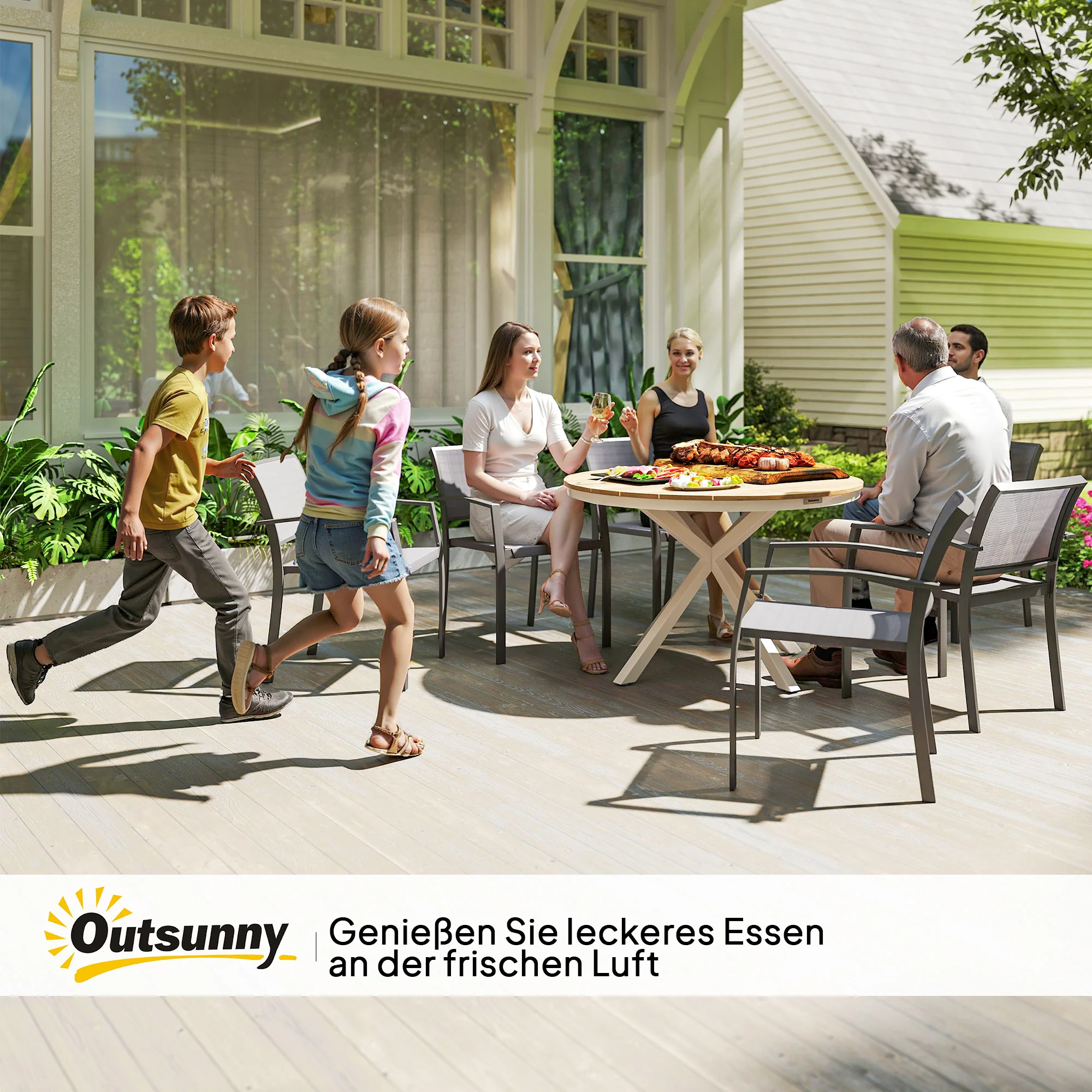 Outsunny Tuintafel Ø118cm, Weerbestendig Balkontafel uit Aluminium, Bijzettafel met Kruispoten Latontwerp Teak